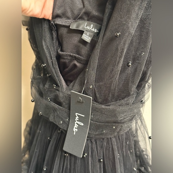 NEW Lulus Black Tulle Beaded Shoulder-Tie Tiered Mini Party Dress Women’s L READ - Picture 8 of 12